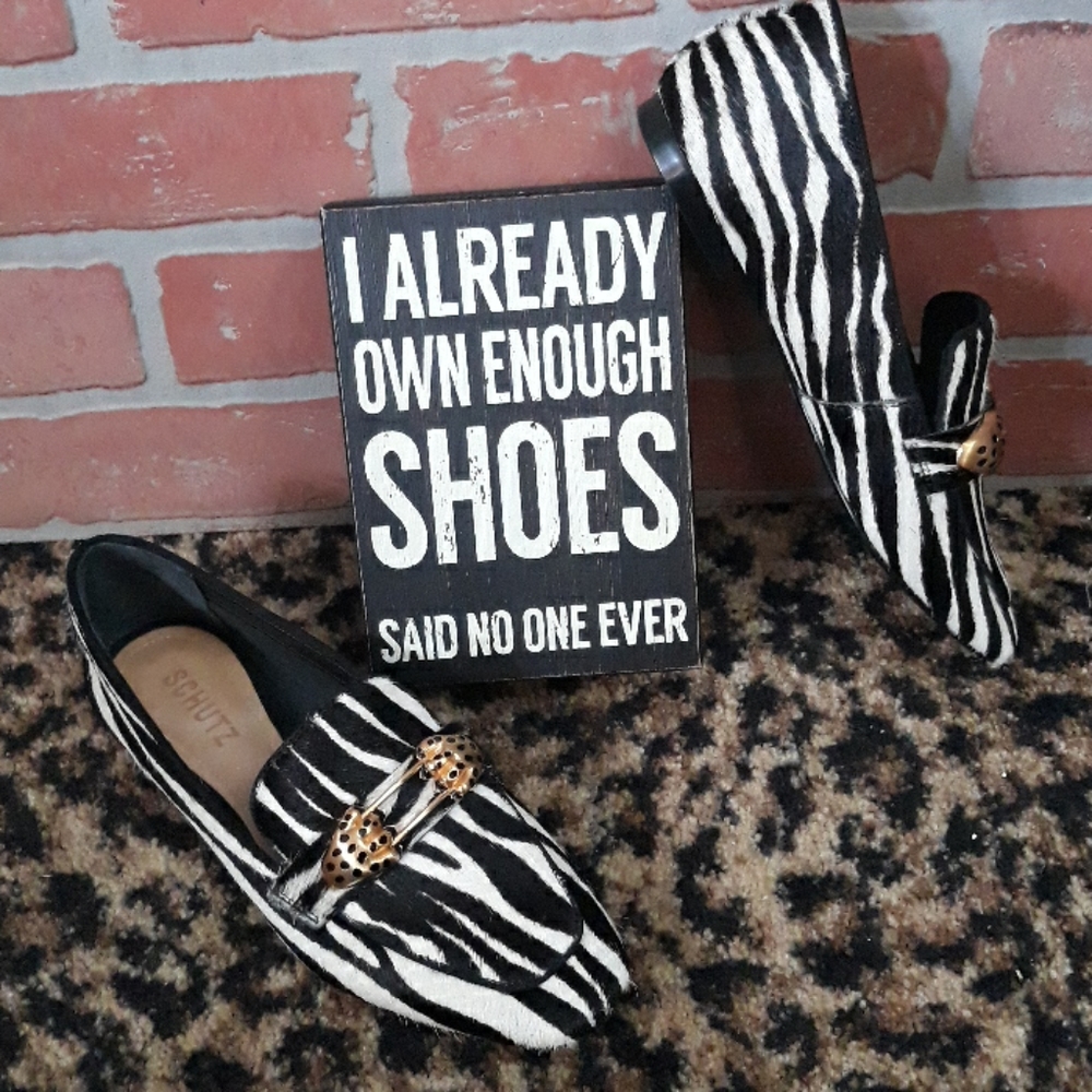Schutz Zebra Animal Loafer Dylan Gold Paw Panther 6 Womens shoes new black white - Picture 5 of 11